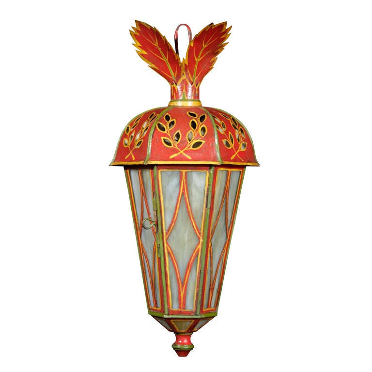 Polychromed tole wall lanterns with slag glass panels For Sale